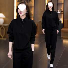 大码休闲套装2025年春季新款时尚立领百搭显瘦气质减龄长裤两件套