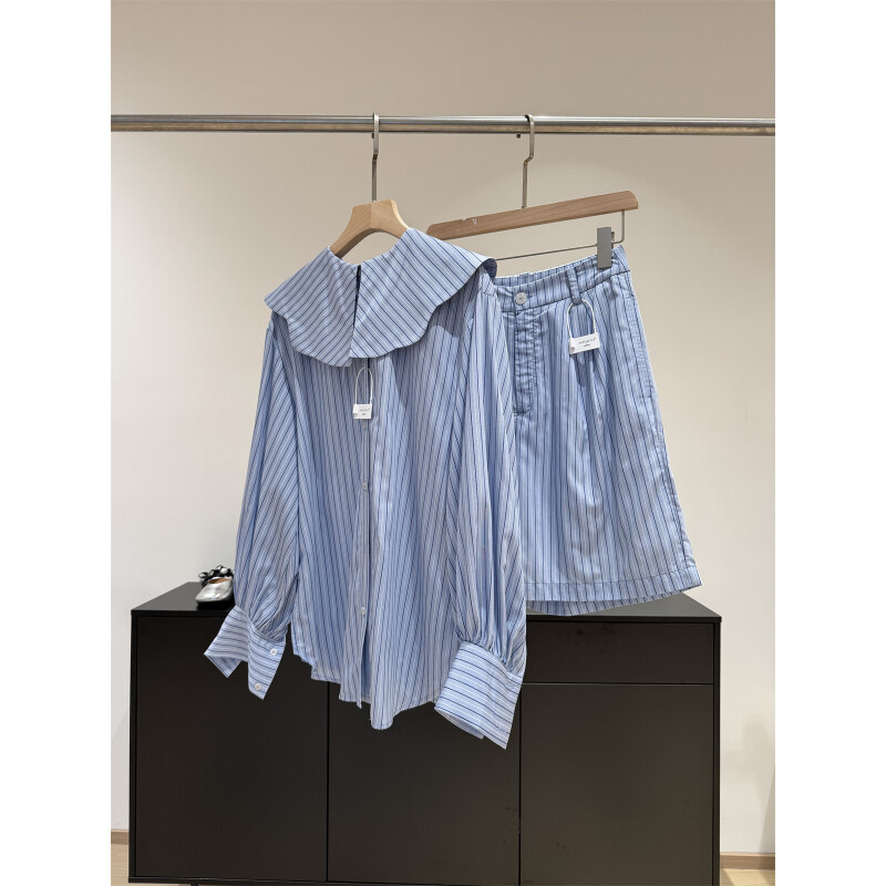 Summer Sea Salt Blue Pinstripes Doll Collar Stripesd Shirt Shorts Suit Summer Sea Salt Blue Pinstripes Doll Collar Stripesd Shirt Shorts Suit
