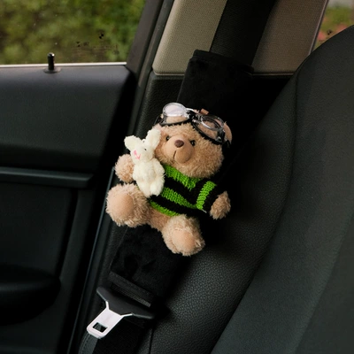 Seat belt shoulder pad, car safety belt set car - black-and-green-striped-sweater-with-rabbit-and-bear-black-velvet-shoulder-pads