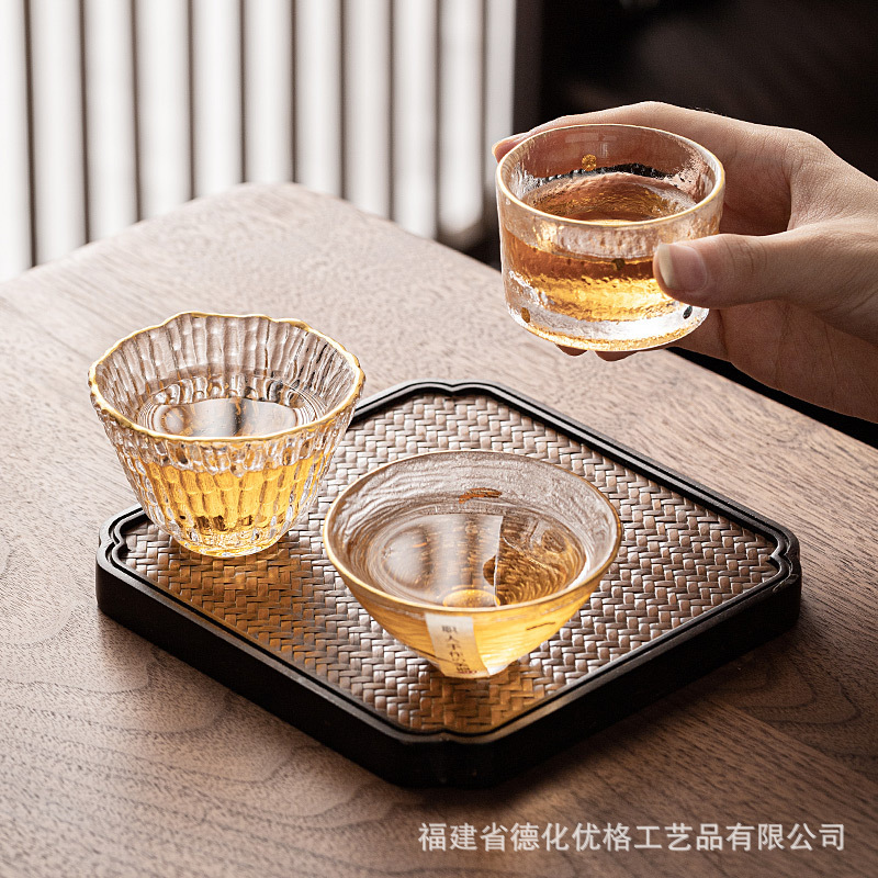 Japanese-Style Glass Tea Cup for Home Use, Gold-Painted Master Cup, Tea Tasting Cup, Single Kung Fu Tea Set, Small Single Cup, Light Luxury