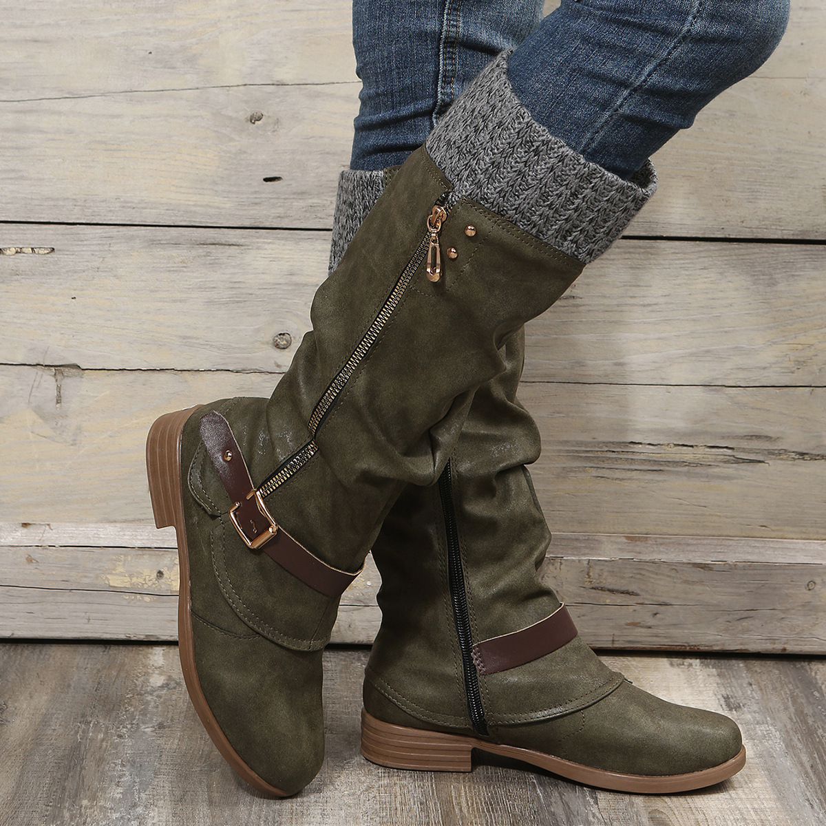 New chunky heel side zip stitching boots for women_voghion.com