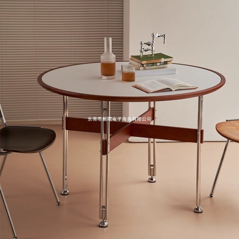 Slate Round Table, Antique Style, Simple Retro Solid Wood Dining Table, Living Room, Small Apartment, Round Dining Table, Stainless Steel Table Legs