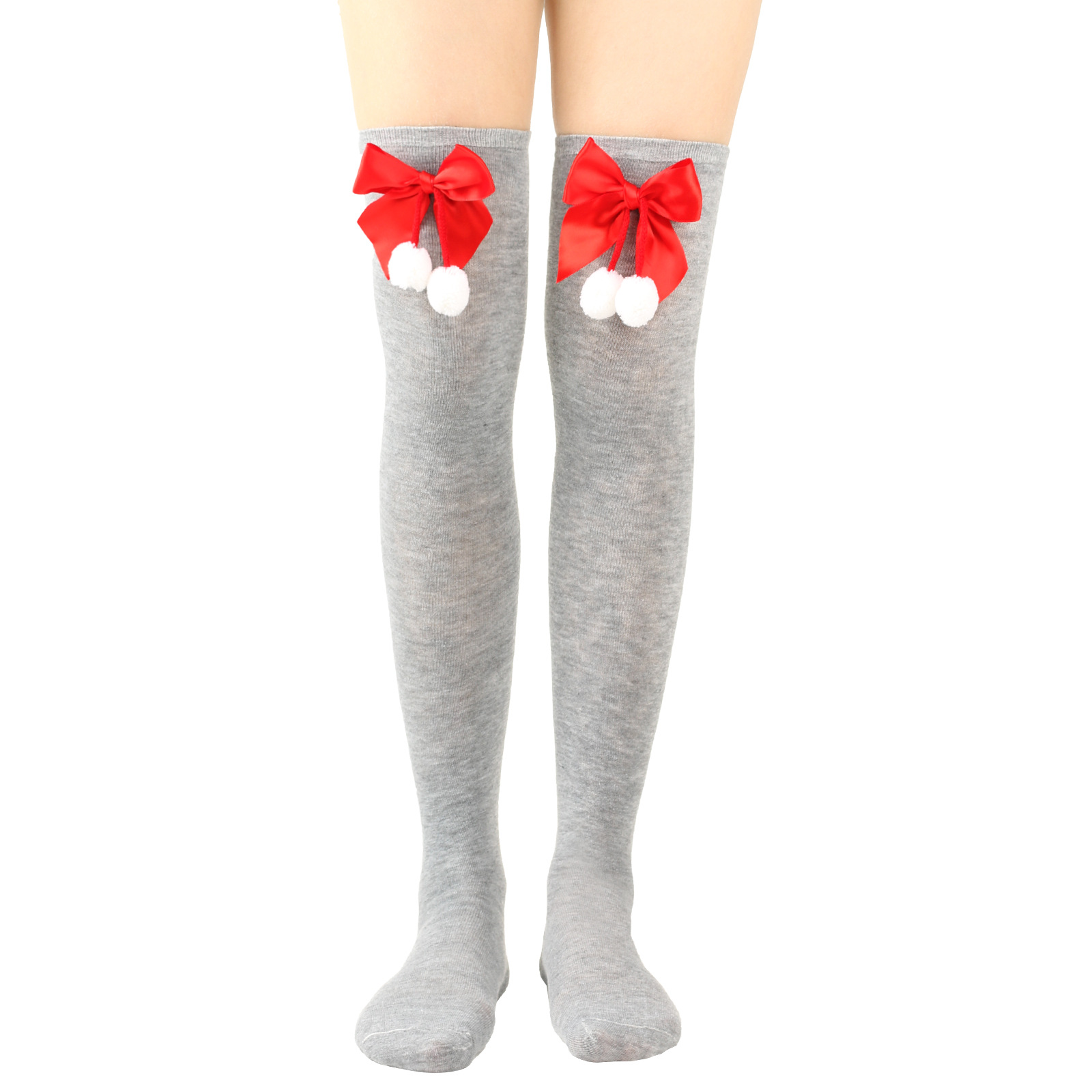 Calzini natalizi unisex con fiocco, calzini a palla, sopra il ginocchio, calzini lunghi da donna, calzini natalizi a righe_voghion.com