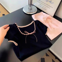 春夏独特のユニークな蝶結び半袖ニットtシャツの女性デザイン感があります。