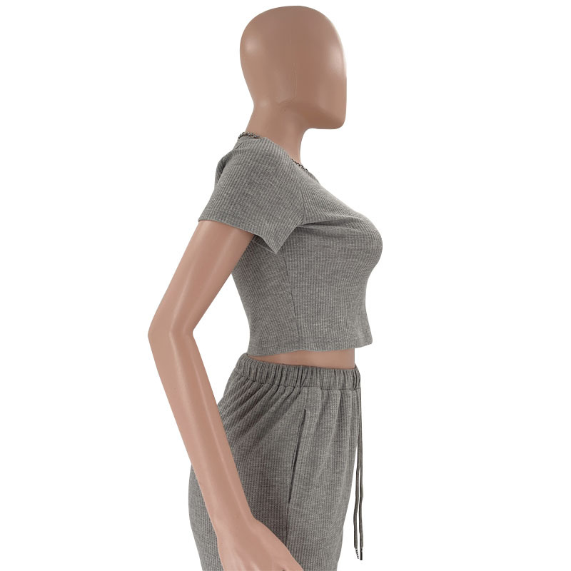 Spring Summer Solid Color Waffle round Neck Short Sleeve Women Clothing Casual Trousers Sets