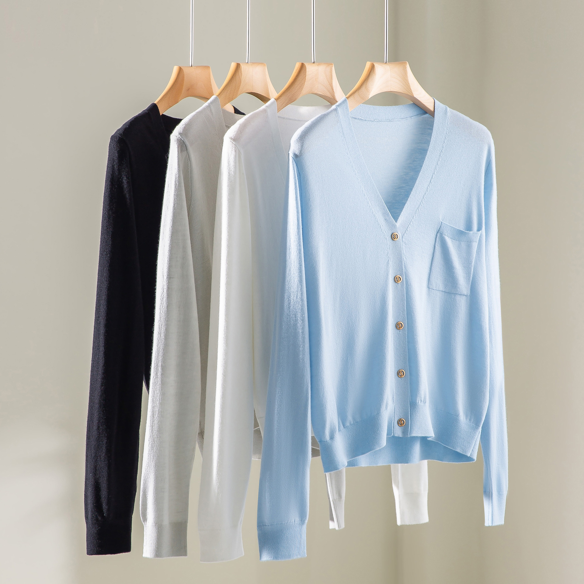 Lf2308 ~~V-Neck Silk Cashmere Wool Knitted Cardigan, Refreshing and Pleasing Sun Protection Air-Conditioning Shirt Outer Wear