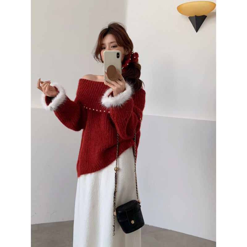 Ys Red Christmas and New Year Atmosphere Sweater for Women, Autumn and Winter French Style Chanel-Inspired Beaded Off-Shoulder Slim-Fit Knitwear