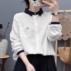 双层棉纱日韩娃娃领棉纱纯色宽松大码休闲长袖衬衫衬衣2025女装