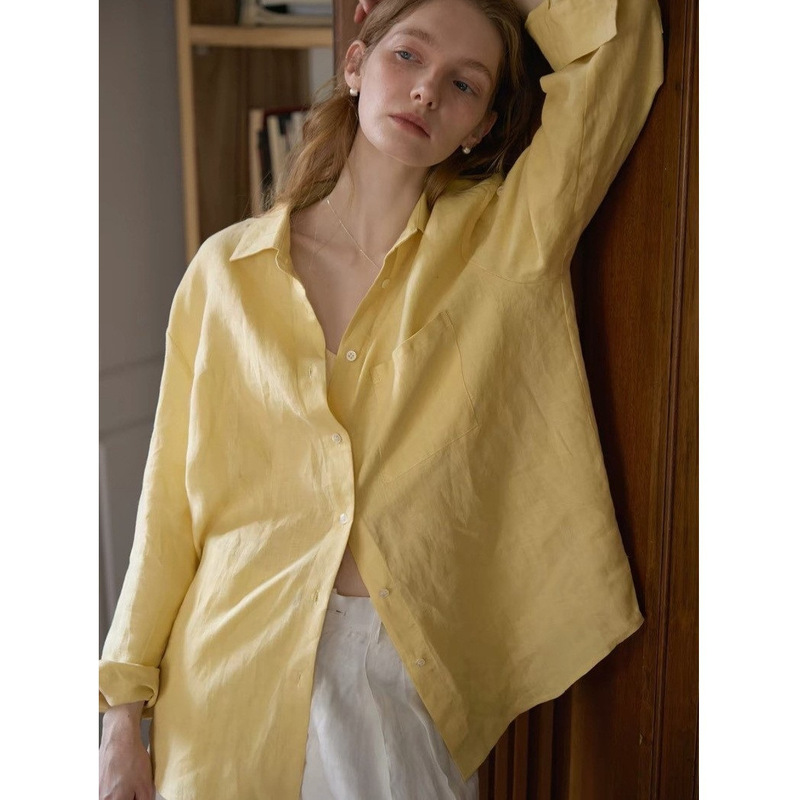 2026Ss High-End Japanese Sand-Washed Linen Long-Sleeved Shirt for Women in Spring and Summer