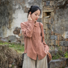 2025秋棉麻女装新品亚麻扎染做旧改良盘扣女式开衫文艺高级感衬衫
