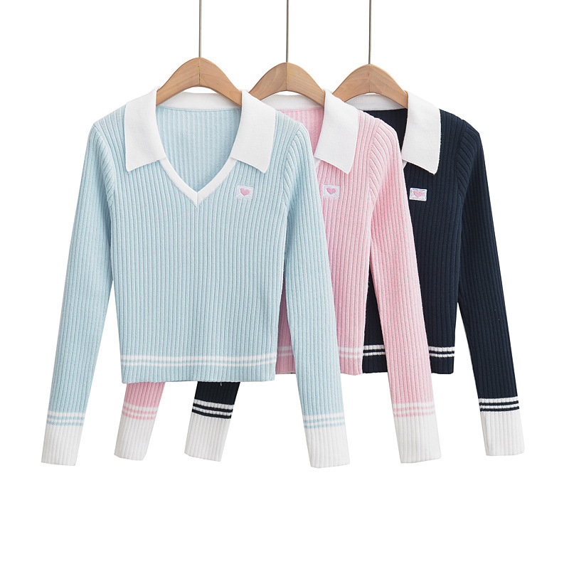 纯欲辣妹百搭爱心刺绣POLO领拼色针织衫秋季修身收腰弹力打底衫女