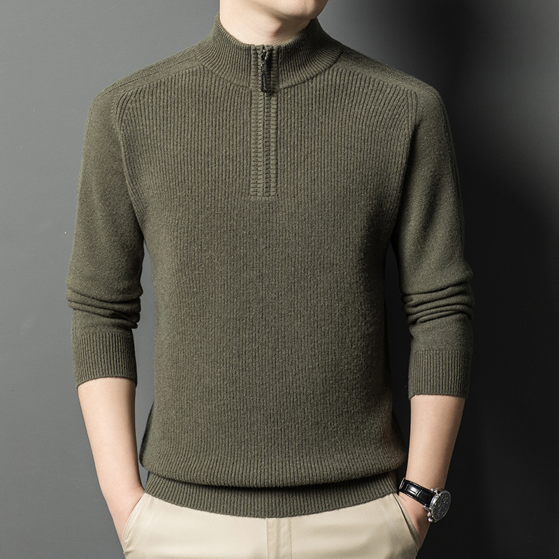 Winter woolen knitted casual solid color base sweater with zipper