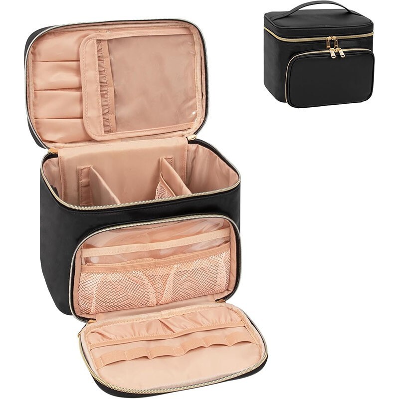 in stock portable travel cosmetic bag with cosmetic brush compartment fashion cosmetic bag storage bag with handle divider