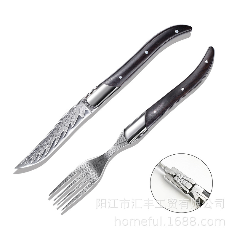 French-style Laguiole high-end cutlery set with black wooden handles and Damascus pattern French-style Laguiole high-end cutlery set with black wooden handles and Damascus pattern