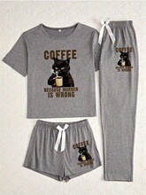 P 72343 Coffee Cat Print T-shirt ����؈ӡ��T�� �W���羳