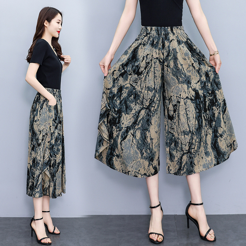 2025 New Summer Cotton Silk Cropped Wide Leg Pants Women's High Waist Dipped Pants Artificial Cotton Loose Thin Culottes