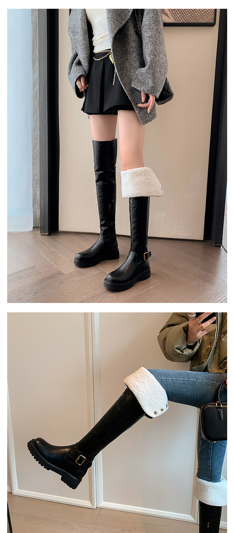 Boot nữ cổ cao qua gối hai lớp gấp gọn, lót lông cừu ấm áp, phong cách hiệp sĩ — màu đen chi tiết 16