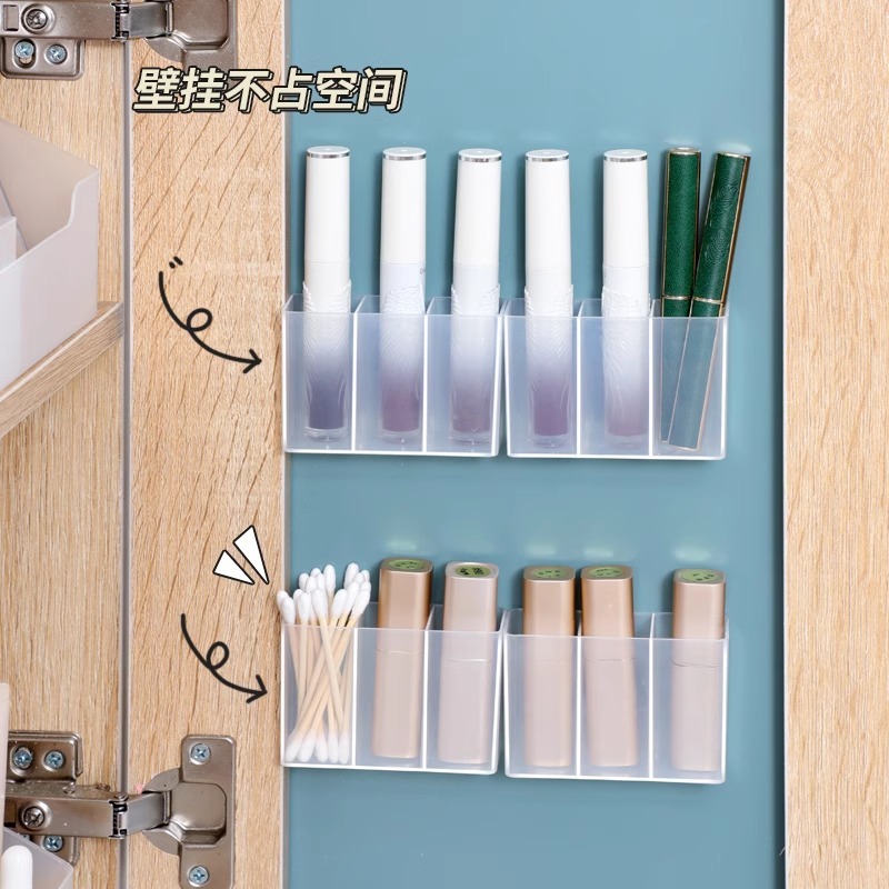 3格の鏡の棚の収納箱の扉のトイレの壁掛け式の穴を開けないで透明で簡単な口紅の化粧品の仕切り箱|undefined