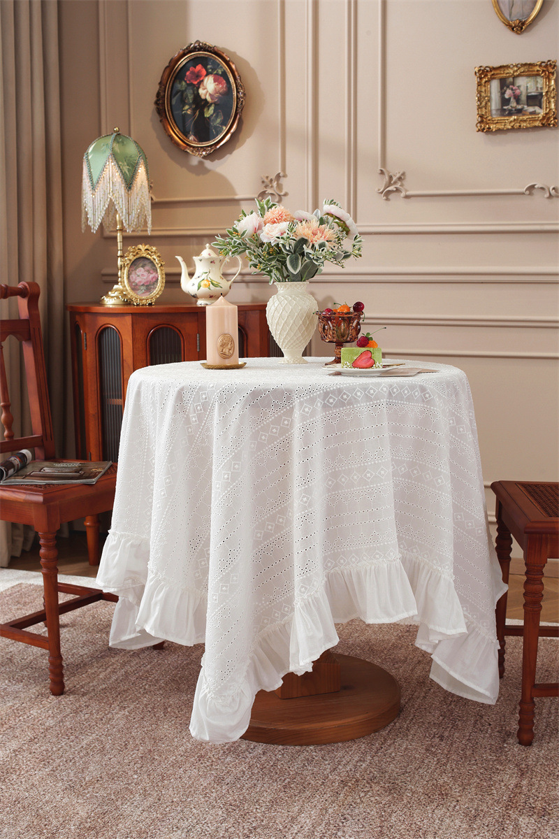 White Embroidered Floral Cotton Tea Tablecloth With Ruffle Hem_voghion.com
