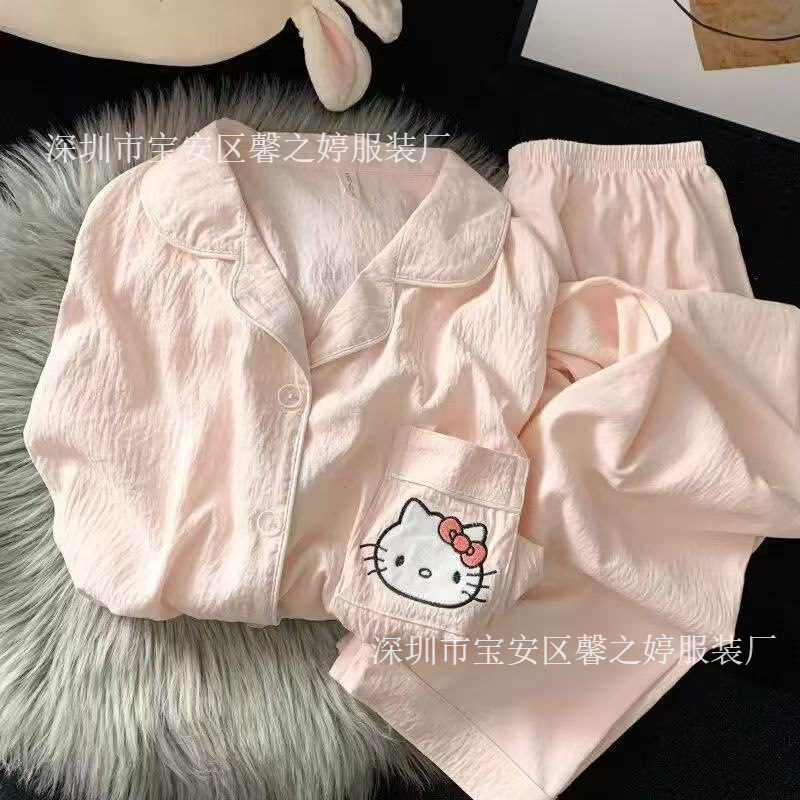 Spring and summer women's pajamas new style Hello Kitty cartoon cute girl lapel long-sleeve long-pants casual home wear set Spring and summer women's pajamas new style Hello Kitty cartoon cute girl lapel long-sleeve long-pants casual home wear set
