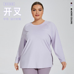 大碼寬鬆字母寬鬆瑜伽服運動長袖女 下擺開叉t恤休閒長款健身上衣