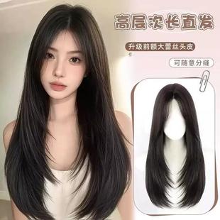 Simulated Hair Natural Long Straight Hair Wig Full Head Cover for Women High-Level Medium-Parted Long Hair Thin Breathable Age-Reducing Wig Cover