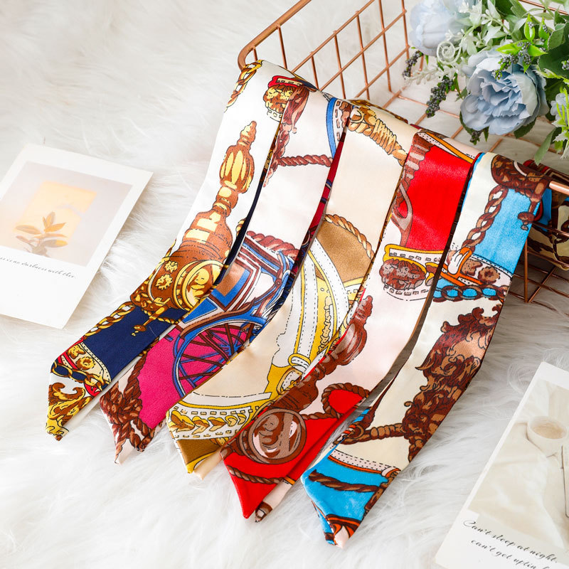 Silk Scarf Wholesale Long Beveled Small Silk Scarf Double-layer All-match Hair Belt Ribbon Decoration Tie Bag Hand Gift Box Silk Scarf