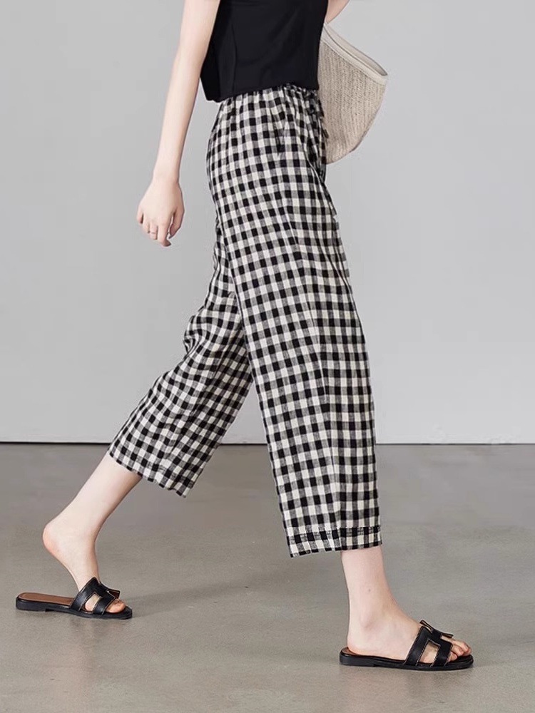 Quần ống thẳng kẻ sọc chín điểm dáng người nhỏ cotton mùa hè mỏng giản dị quần ống thẳng kẻ sọc tám điểm A5225 — Caro đen trắng