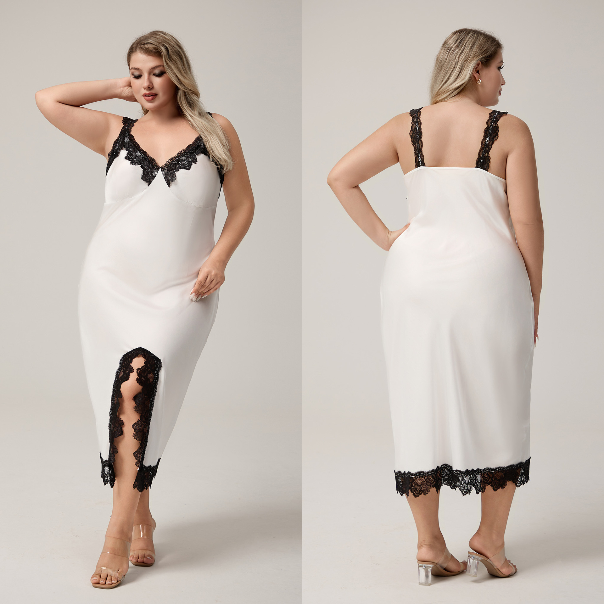 Yaoting transfronterizo satén de tamaño grande pijama de cabina para mujeres Charley sexy pijama bifurcado ropa larga para el hogar SQ5008