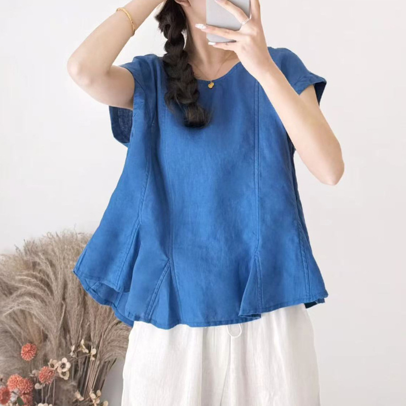Summer New Vintage Linen Top for Women, Handmade Three-Dimensional Cut, Loose Fit, Slimming, with Ruffled Sleeves, Pullover Shirt