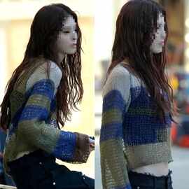 韩素希同款撞色条纹长袖露背针织衫个性马海毛镂空夏新款薄款毛衣