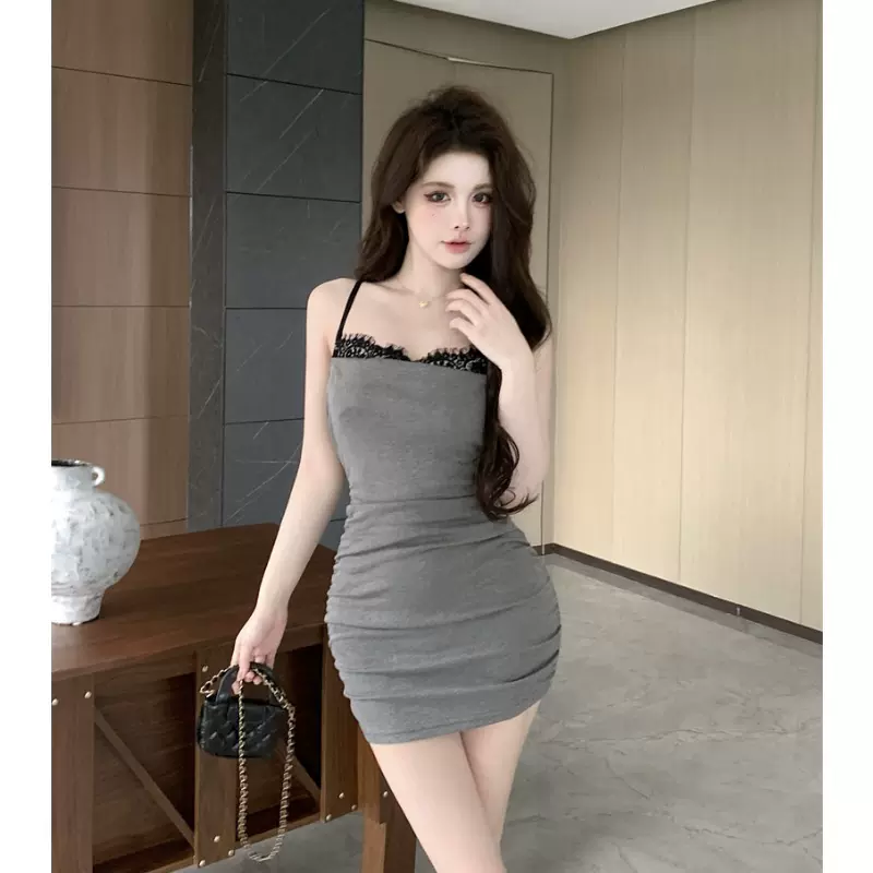 御姐蕾丝边抹胸吊带紧身显瘦纯欲辣妹短款包臀连衣裙女装灰色均码