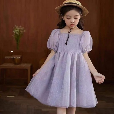 2021 princess summer Dress Short sleeved goods in stock Korean Edition Solid Children's clothing