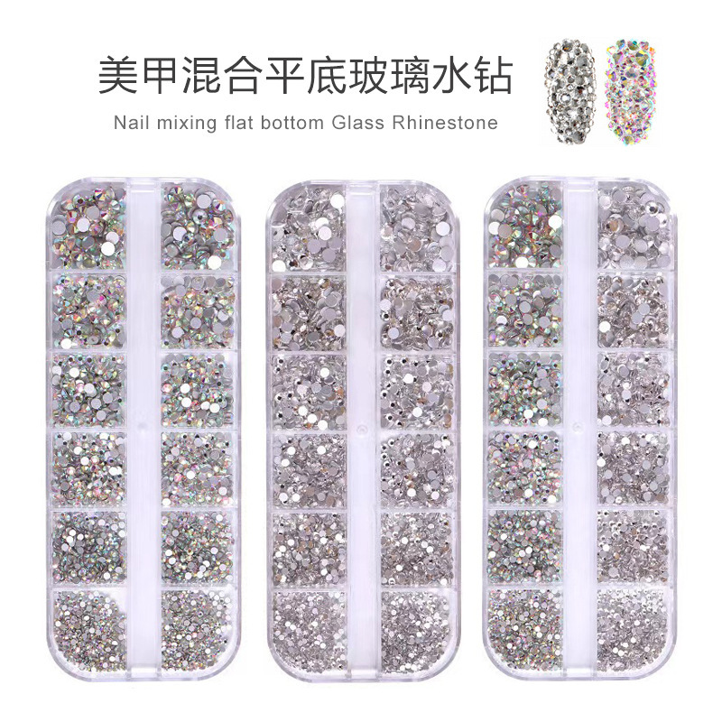 Cross-border 12-box pop flash nail art rhinestone jewelry flat bottom diamond round diamond nail diamond jewelry size mixed wholesale Cross-border 12-box pop flash nail art rhinestone jewelry flat bottom diamond round diamond nail diamond jewelry size mixed wholesale