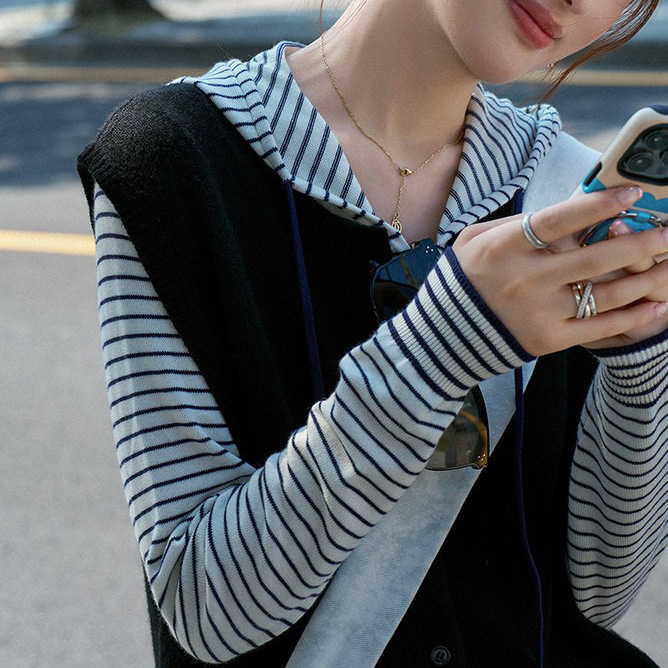 "Baibai Workshop" "Auprina" Autumn Striped Hooded Zipper Ruffle Knit Cardigan for Women