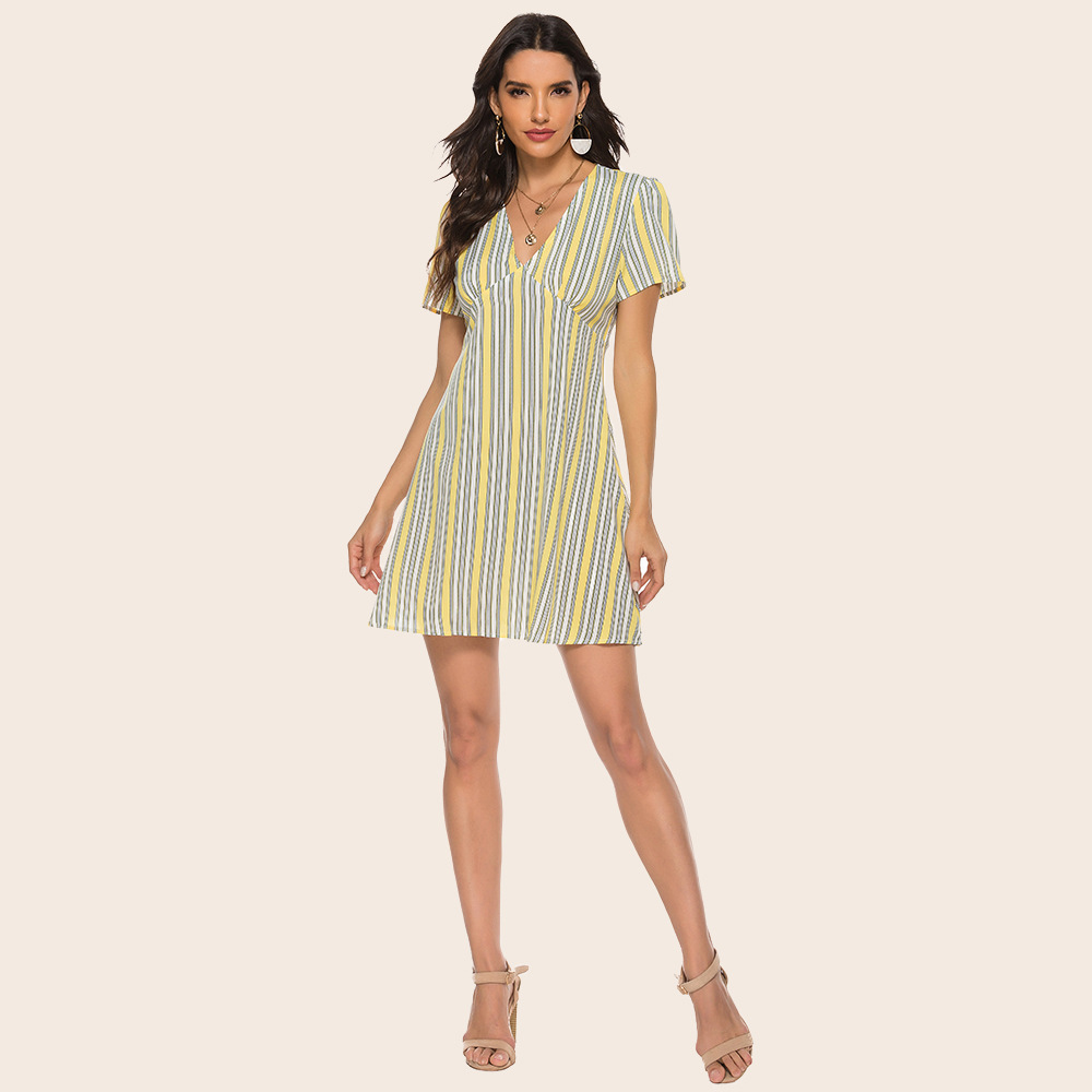 Summer Lemon Yellow Striped Sexy Women Dress V-neck Vitality Sweet Short Sleeve Dress