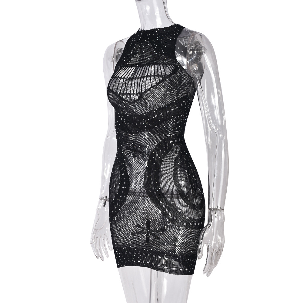 Women Clothing Summer Rhinestone Hollow Out Cutout Sleeveless One Dress Women