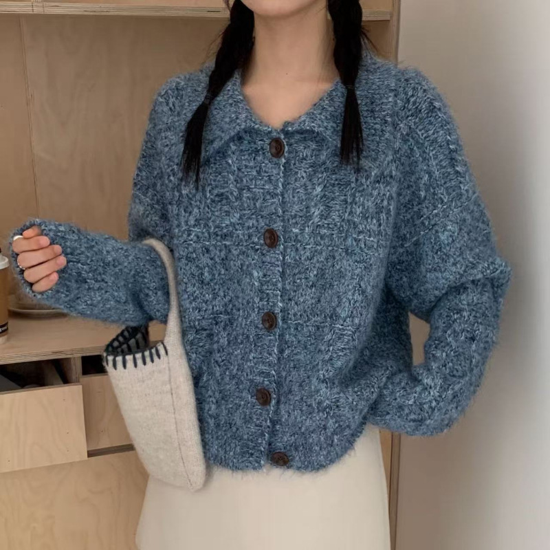 韩系女装秋季新款复古麻花彩色纱线翻领单针织毛衣开衫长袖外套|undefined