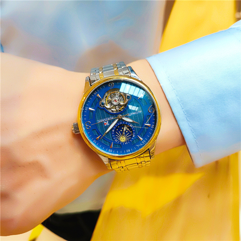AOKULASIC hueco-hacia fuera transparente inferior luminoso Tourbillon reloj mecánico automático moda reloj de los hombres de moda 1922