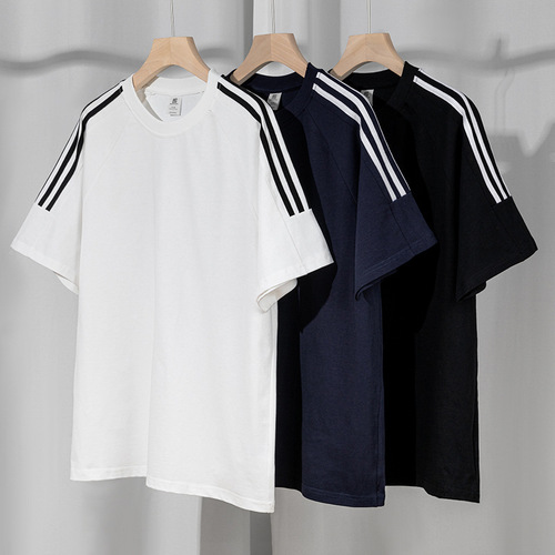 Men's Advertising Shirt T-Shirt Summer Versatile Pure Cotton Heavyweight Men's Top with Logo Three Stripes Half Sleeve Men's T-Shirt