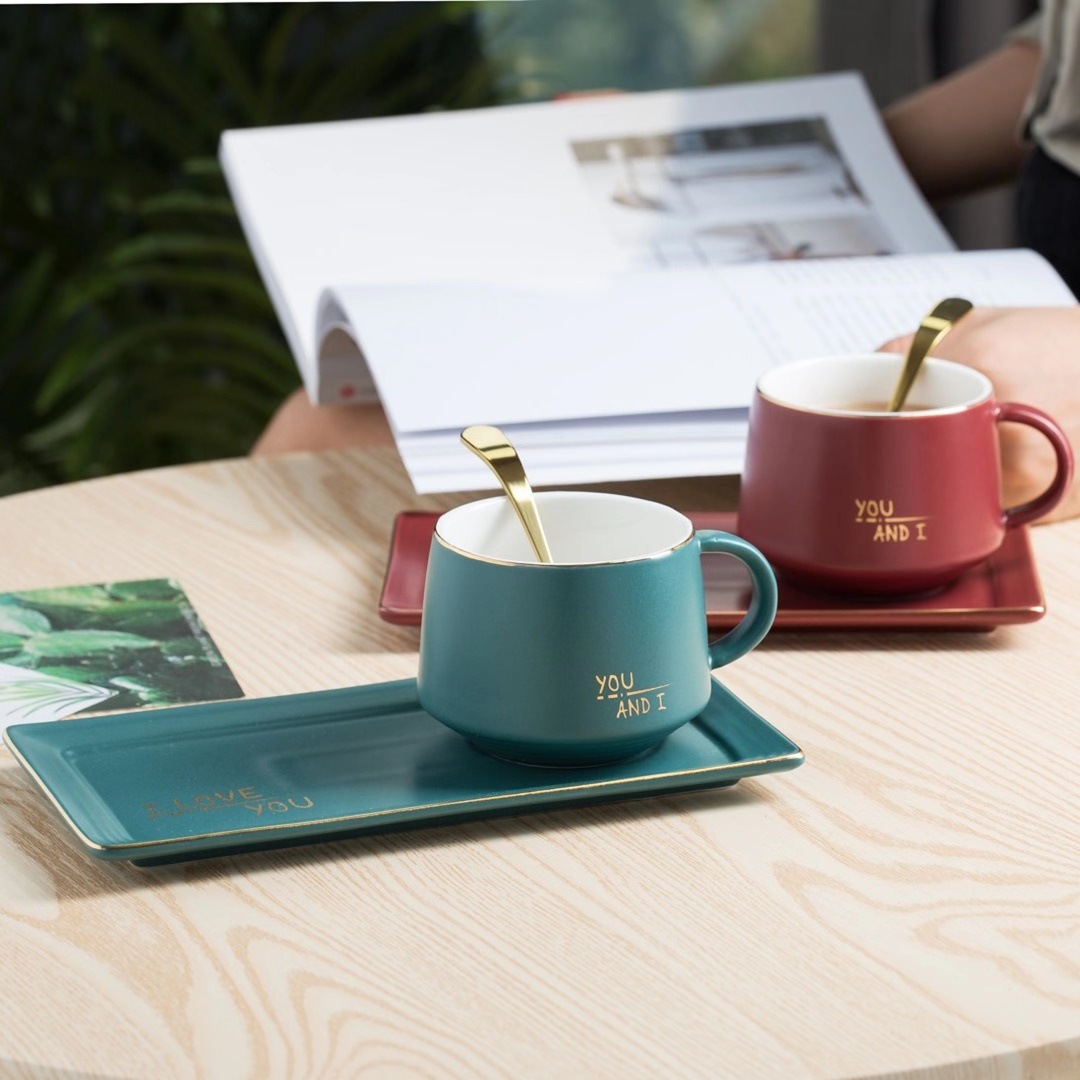 Estilo nórdico regalo taza y platillo traje tarde té taza de café con bandeja cuchara taza de agua retro simple taza