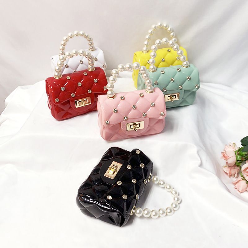 Mini bolso de cadena estilo perlas y rombos, diseño pequeño y de gelatina – bandolera de moda 2021, venta exterior.