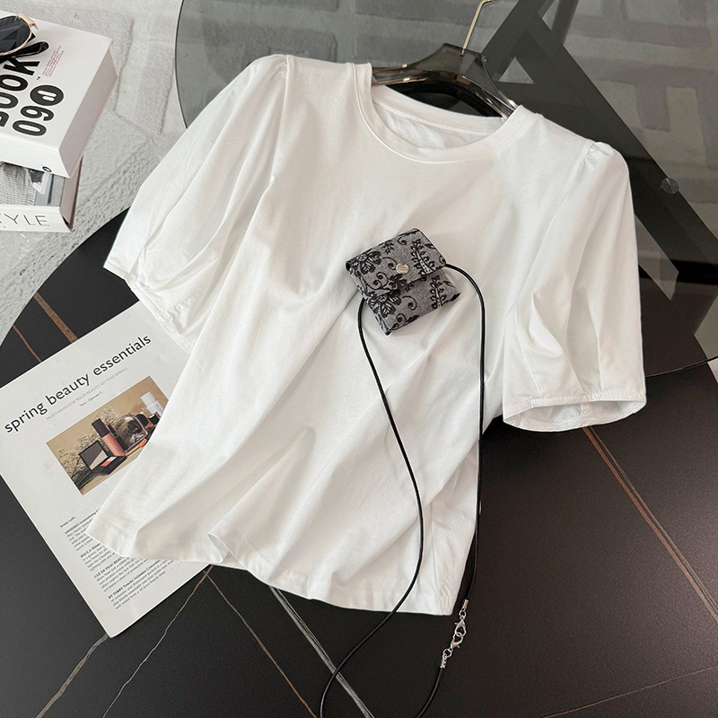 Damenbekleidung Lässiger Mode-Sportanzug Rundhalsausschnitt Bubble Kurzarm Jacquard Trägerhose Zweiteiliger Anzug_voghion.com