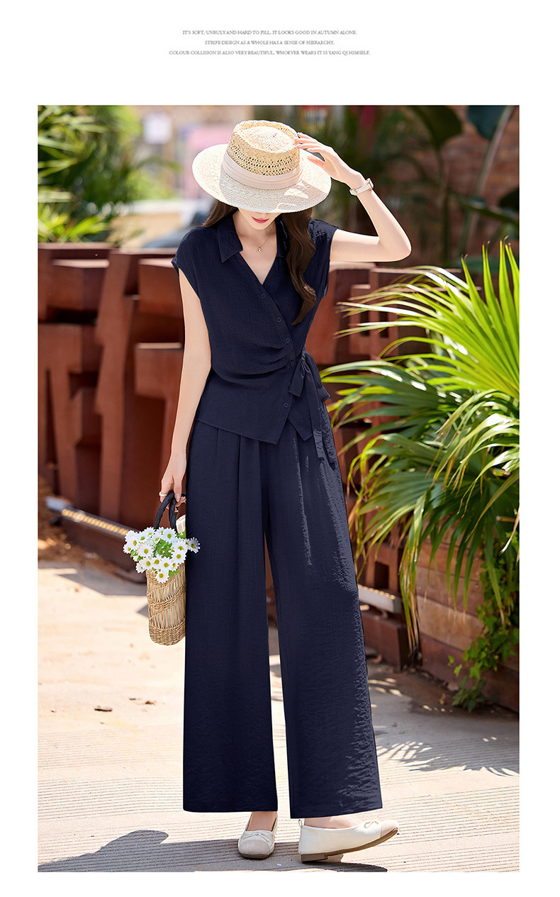 Bộ quần áo nữ hai mảnh gồm áo sơ mi eo thon và quần ống rộng, thiết kế thanh lịch mùa hè 2026 — Xanh lông mòng đen, màu mơ chi tiết 16