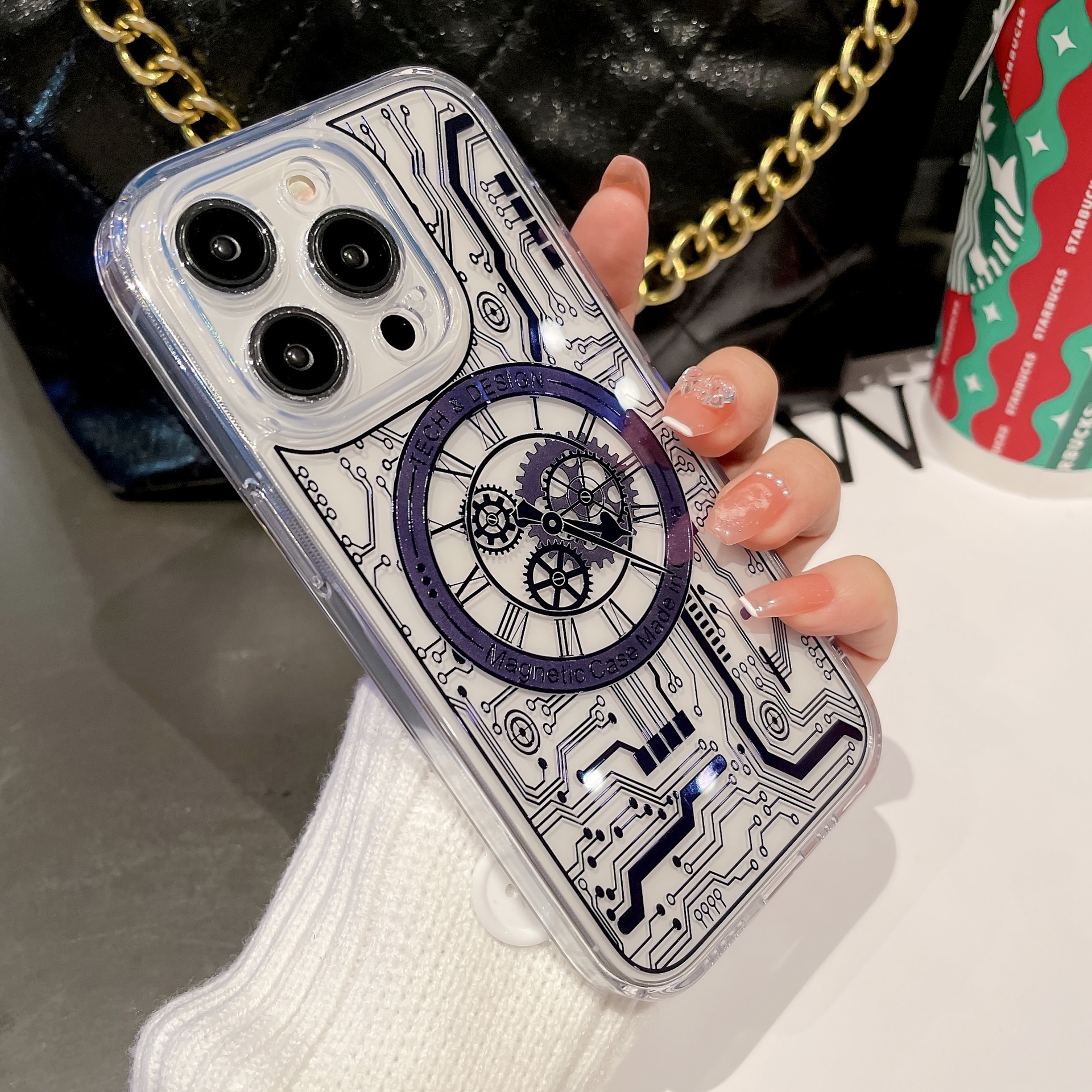 Stampaggio oro 6D Cyber adatto per telefono magnetico Apple 15promax 13 Orologio meccanico trasparente Antigoccia avanzato_voghion.com