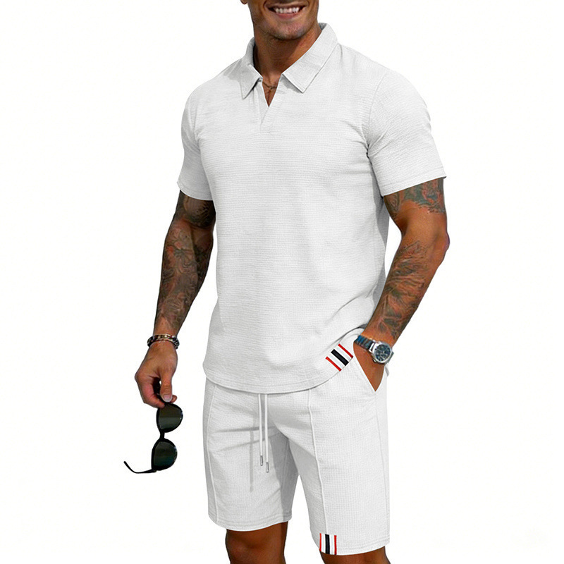 Men's Summer Waffle Knit Polo Shirt And Shorts Set, Casual Breathable Comfort Outfit For Daily Wear ​​Lightweight & Quick-Drying Fabric​_viptrois.com