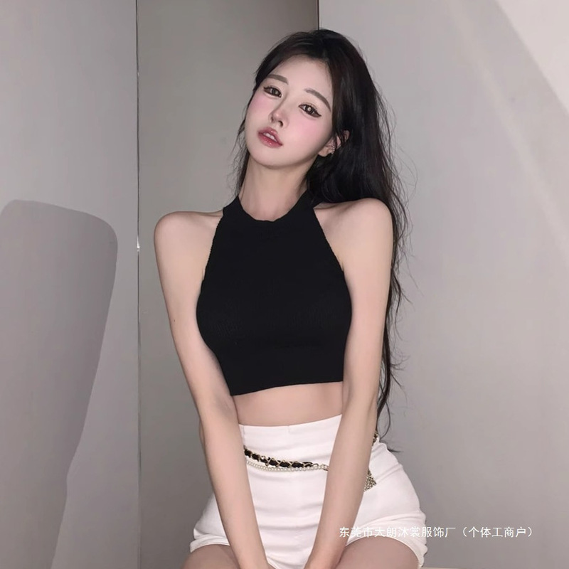 Solid Color Halterneck New Style Vest Versatile Knitted Suspender Outer Wear Short Bottoming Shirt Top for Women