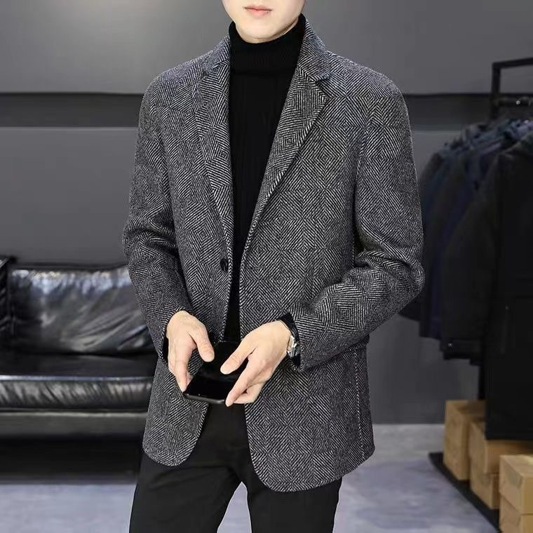 Light Luxury Simple Coat Men's Short Herringbone Pattern Casual Suit Jacket Fashionable Slim-fit Business Woolen Suit Trendy