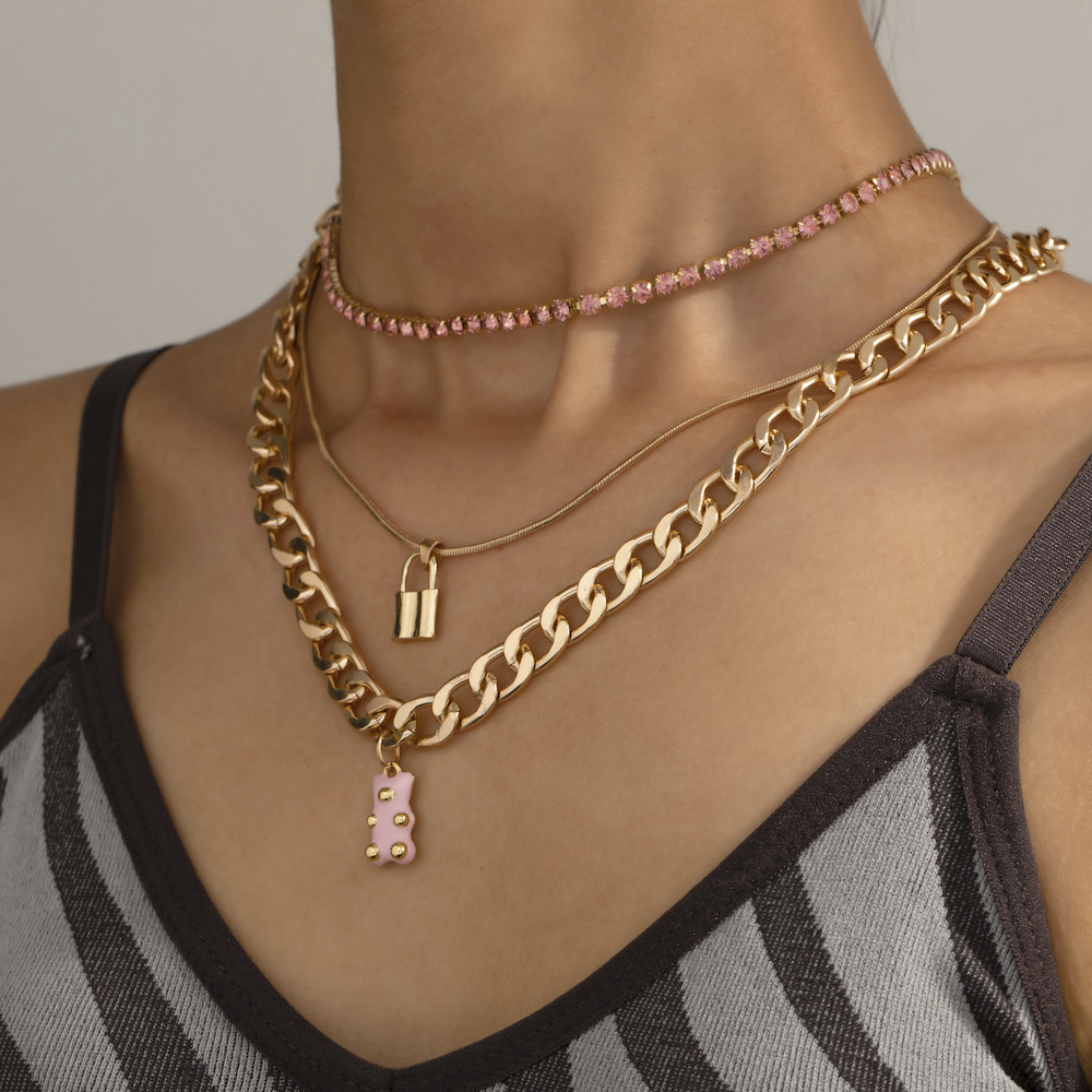 Nouveau collier ours cratif personnalit simple chane de griffe cadenas collier multicouche bijoux femmepicture2