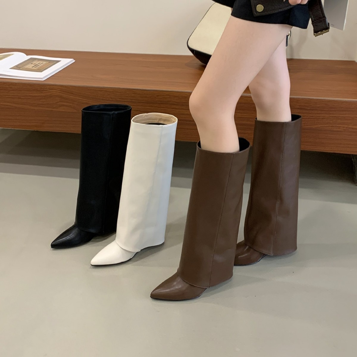 Demi-season high boots pointed-toe heels wedge heel